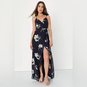 Lulu's Maxi Floral Dress Navy Blue Large Assymetrical- adjustable straps!